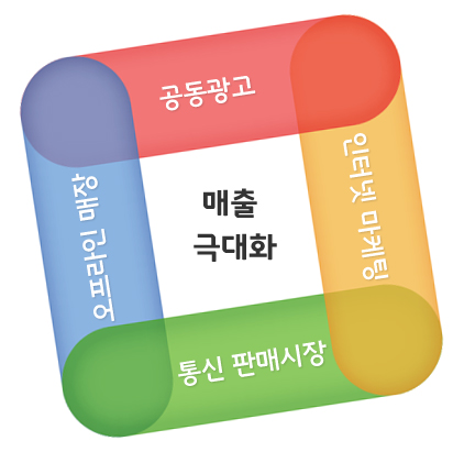 공동광고+인터넷마케팅+통신판매시장+오프라인매장=매출극대화를 위한 시너지효과 창출